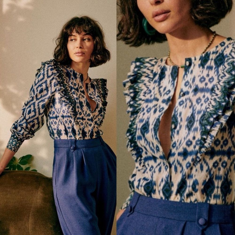 Sezane Boby Blouse Ikat Blue Ecru Ruffle Cotton Top FR40 US 8 Boho Romantic